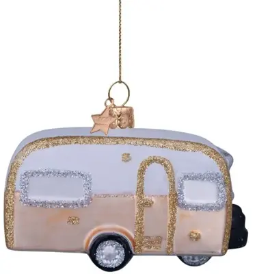 Vondels glazen kerstbal caravan 7cm goud, wit - afbeelding 1
