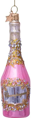 Vondels glazen kerstbal champagnefles 16cm roze  - afbeelding 1