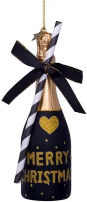 Vondels glazen kerstbal champagnefles 16cm zwart  - afbeelding 1
