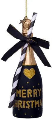 Vondels glazen kerstbal champagnefles 16cm zwart - afbeelding 1