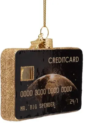 Vondels glazen kerstbal creditcard 7cm zwart, goud - afbeelding 2