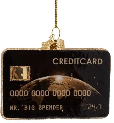 Vondels glazen kerstbal creditcard 7cm zwart, goud - afbeelding 1