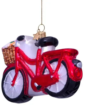 Vondels glazen kerstbal fiets met bloemen 7cm rood - afbeelding 2