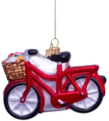 Vondels glazen kerstbal fiets met bloemen 7cm rood - afbeelding 1