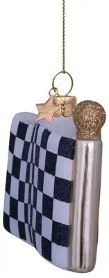 Vondels glazen kerstbal finishvlag 7cm zwart, wit - afbeelding 4