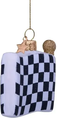 Vondels glazen kerstbal finishvlag 7cm zwart, wit - afbeelding 2