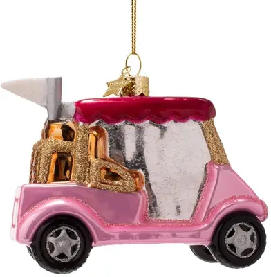 Vondels glazen kerstbal golfkar 9cm roze - afbeelding 1