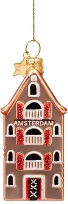 Vondels glazen kerstbal grachtenpand 9cm bruin - afbeelding 1