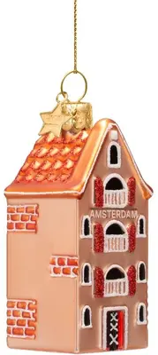 Vondels glazen kerstbal grachtenpand 9cm bruin - afbeelding 2
