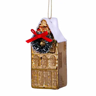 Vondels glazen kerstbal grachtenpand 9cm goud - afbeelding 1