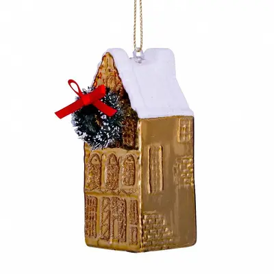 Vondels glazen kerstbal grachtenpand 9cm goud - afbeelding 2