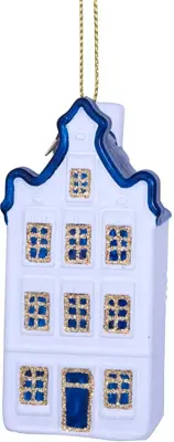 Vondels glazen kerstbal grachtenpand met halsgevel 9cm delfts blauw - afbeelding 2