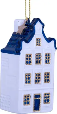 Vondels glazen kerstbal grachtenpand met halsgevel 9cm delfts blauw - afbeelding 1