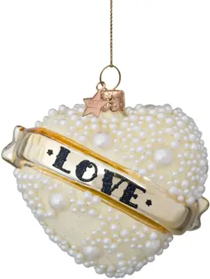 Vondels glazen kerstbal hart 'love' 9.5cm wit  - afbeelding 1