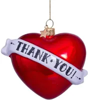 Vondels glazen kerstbal hart 'thank you' 10cm rood, wit  - afbeelding 1