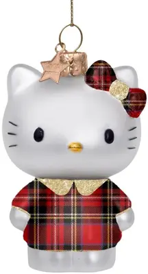 Vondels glazen kerstbal Hello Kitty met schotse jurk 9cm wit, rood - afbeelding 1