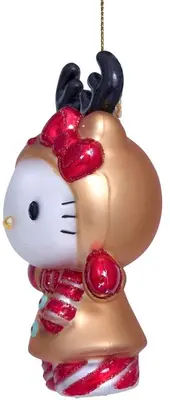 Vondels glazen kerstbal Hello Kitty rendier 9cm bruin, rood - afbeelding 2