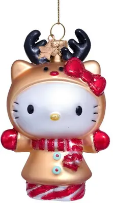 Vondels glazen kerstbal Hello Kitty rendier 9cm bruin, rood - afbeelding 1
