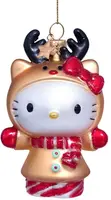 Vondels glazen kerstbal Hello Kitty rendier 9cm bruin, rood - afbeelding 1