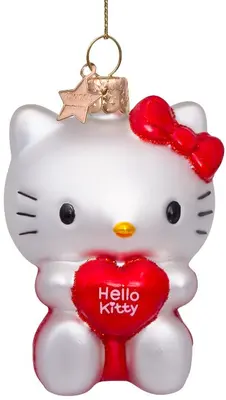 Vondels glazen kerstbal hello kitty rode jurk met hart 9cm wit  - afbeelding 1