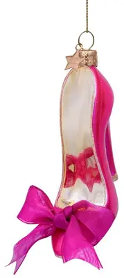 Vondels glazen kerstbal hoge hak met strik 10cm roze - afbeelding 1