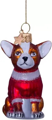 Vondels glazen kerstbal hond chihuahua met t-shirt 8cm bruin, rood - afbeelding 1
