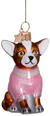 Vondels glazen kerstbal hond chihuahua met t-shirt 8cm bruin, roze - afbeelding 1