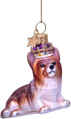 Vondels glazen kerstbal hond corgi met kroon 6cm bruin - afbeelding 1