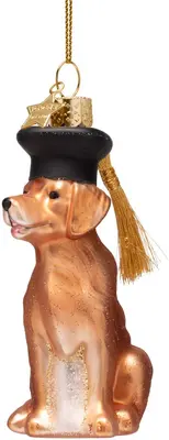 Vondels glazen kerstbal hond met geslaagd hoed 10cm bruin - afbeelding 1