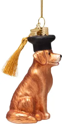 Vondels glazen kerstbal hond met geslaagd hoed 10cm bruin - afbeelding 2
