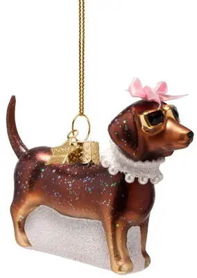 Vondels glazen kerstbal hond met parels 5cm bruin - afbeelding 1