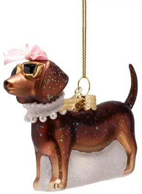 Vondels glazen kerstbal hond met parels 5cm bruin - afbeelding 3