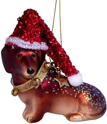 Vondels glazen kerstbal hond teckel met kerstmuts 8cm bruin  - afbeelding 1