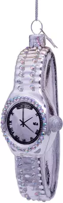 Vondels glazen kerstbal horloge 11.5cm zilver  - afbeelding 1
