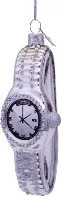 Vondels glazen kerstbal horloge 11.5cm zilver - afbeelding 1