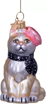 Vondels glazen kerstbal kat met sjaal en barret 8.5cm grijs  - afbeelding 1