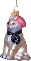 Vondels glazen kerstbal kat met sjaal en barret 8.5cm grijs  - afbeelding 2