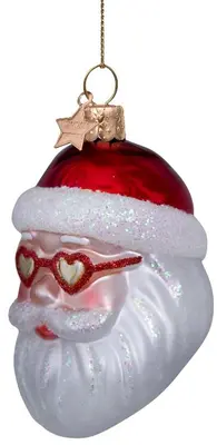 Vondels glazen kerstbal kerstman met hartjesbril 10cm rood, wit  - afbeelding 5