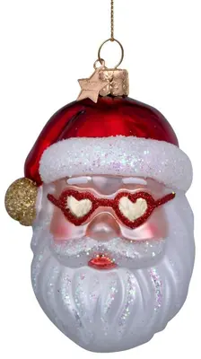Vondels glazen kerstbal kerstman met hartjesbril 10cm rood, wit  - afbeelding 1