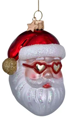 Vondels glazen kerstbal kerstman met hartjesbril 10cm rood, wit  - afbeelding 2