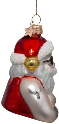 Vondels glazen kerstbal kerstman met tatoeages 9.5cm rood, wit  - afbeelding 3