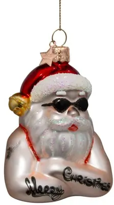 Vondels glazen kerstbal kerstman met tatoeages 9.5cm rood, wit  - afbeelding 2