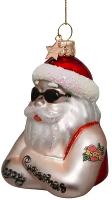 Vondels glazen kerstbal kerstman met tatoeages 9.5cm rood, wit  - afbeelding 6