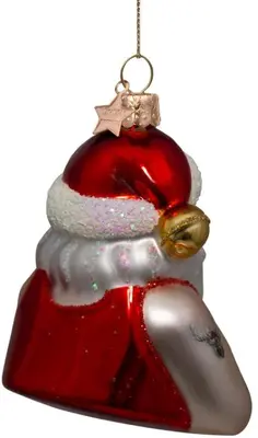 Vondels glazen kerstbal kerstman met tatoeages 9.5cm rood, wit  - afbeelding 4