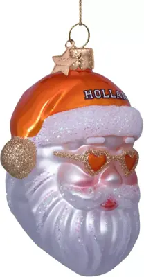 Vondels glazen kerstbal kerstman nederlands elftal met hartjesbril 10cm oranje - afbeelding 2