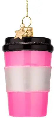 Vondels glazen kerstbal koffiebeker 11cm roze - afbeelding 3