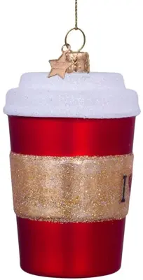 Vondels glazen kerstbal koffiebeker 9cm rood - afbeelding 2