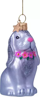 Vondels glazen kerstbal konijn met bloemenketting 8.5cm grijs - afbeelding 1