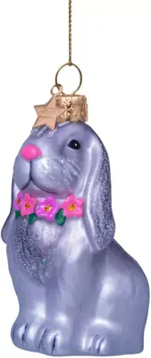 Vondels glazen kerstbal konijn met bloemenketting 8.5cm grijs - afbeelding 4