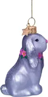 Vondels glazen kerstbal konijn met bloemenketting 8.5cm grijs - afbeelding 2